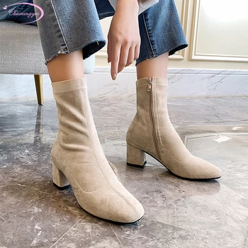 

OL casual style autumn stretch boots fashion zipper black apricot medium with thick ankle boots riding boots women's shoes