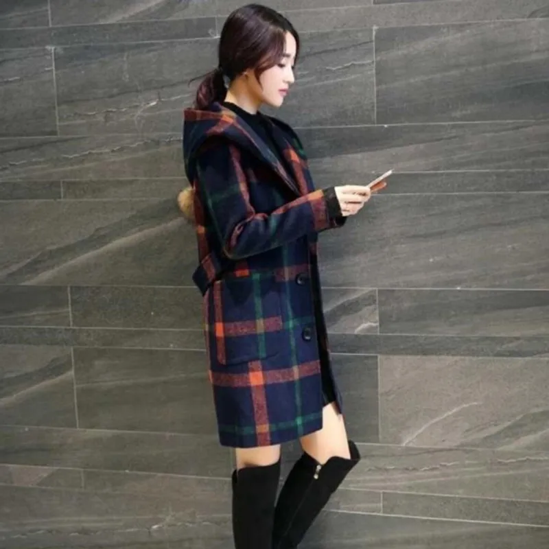 Для женщин Корейское зимнее пальто свободного размера плюс куртка с длинным рукавом с капюшоном клетчатая одежда элегантное пальто