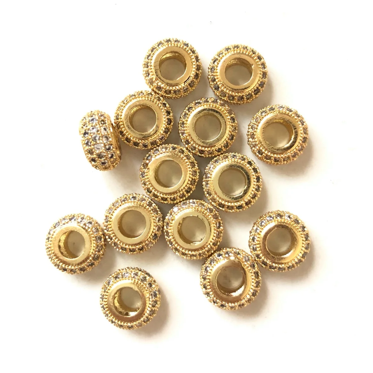 20pcs/lot 8mm Large Hole Wheel Spacer Beads Women Bracelet Girl Necklace Making Zirconia Paved Copper Jewelry Accessory Findings