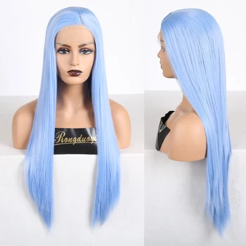 

RONGDUOYI Light Blue Long Silky Straight Hair Synthetic Lace Front Wig Heat Resistant Fiber Side Part Glueless Wigs For Women