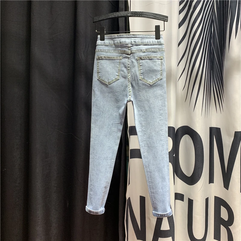 

European Slim-Fit Button Pencil Pants Women's 2020 Spring New Heavy Rhinestone Jeans Village Denim Jeans Hot Drill Jean Femme