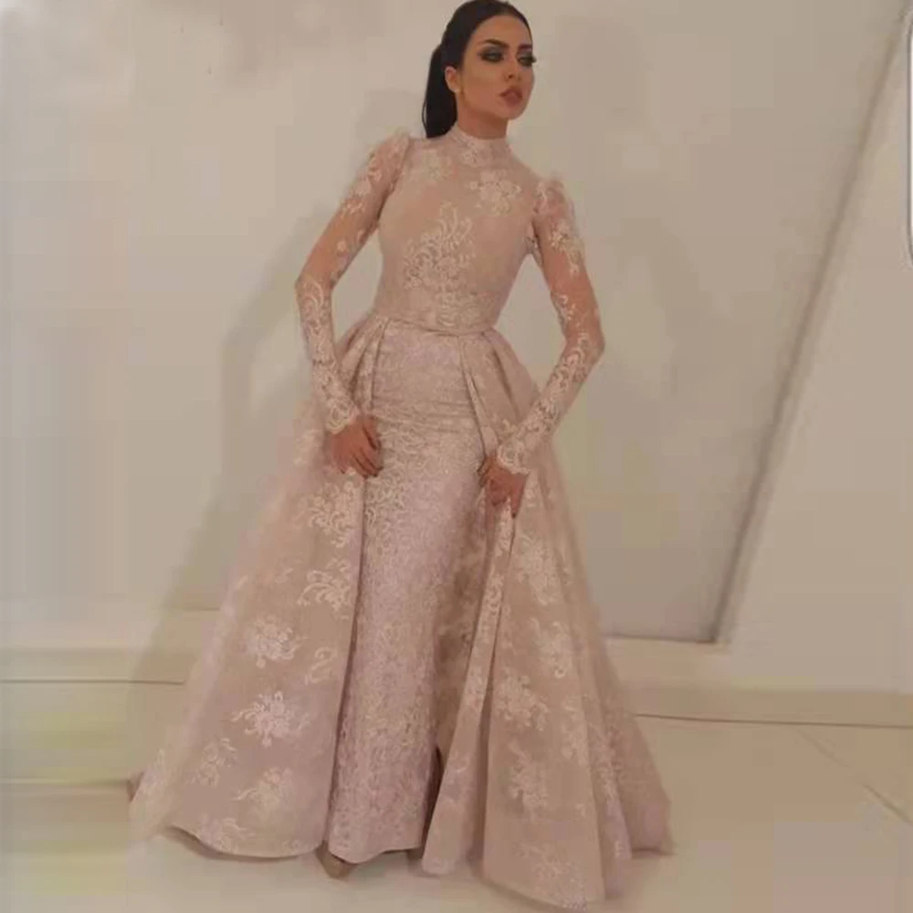 Muslim Pink Lace Mermaid Prom Dress OverSkirt Full Sleeves  Evening Gown Saudi Arabia robes de soirée فساتين السهرة  платье long gown