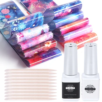 

Nail Foils Gel Glue Set Mix Flowers Starry Paper DIY Adhesive Nail Transfer Decals Black Clear Base Coat Gel Manicure SAXK123-1