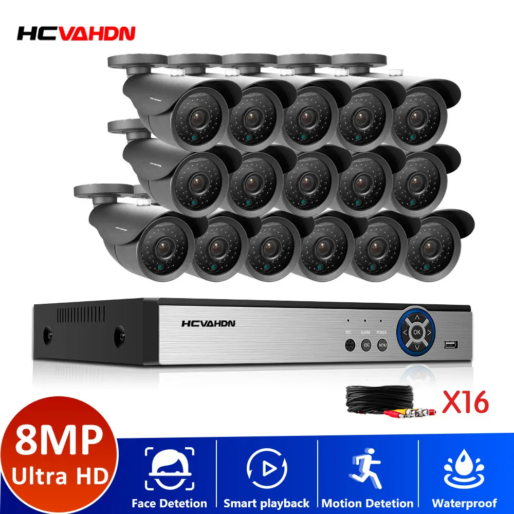 HCVAHDN HDMI 16CH 8MP DVR 16Pcs 8.0MP цилиндрическая камера 4K AHD домашняя система видеонаблюдения