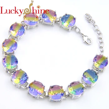 

Luckyshine Fire Newest Round BI-COLORED Tourmaline Crystal Zircon Gem Silver Chain Bracelets Russia Australia Wedding Bracelets