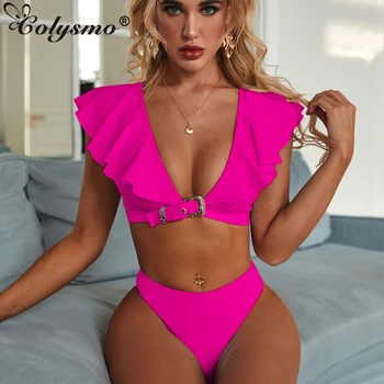 

Colysmo Summer Bikini 2020 Padded Bra Ruffle Swimwear Women Thong Bottoms Swimsuit Biquini High Waist Bathing Suit Bikinis Set