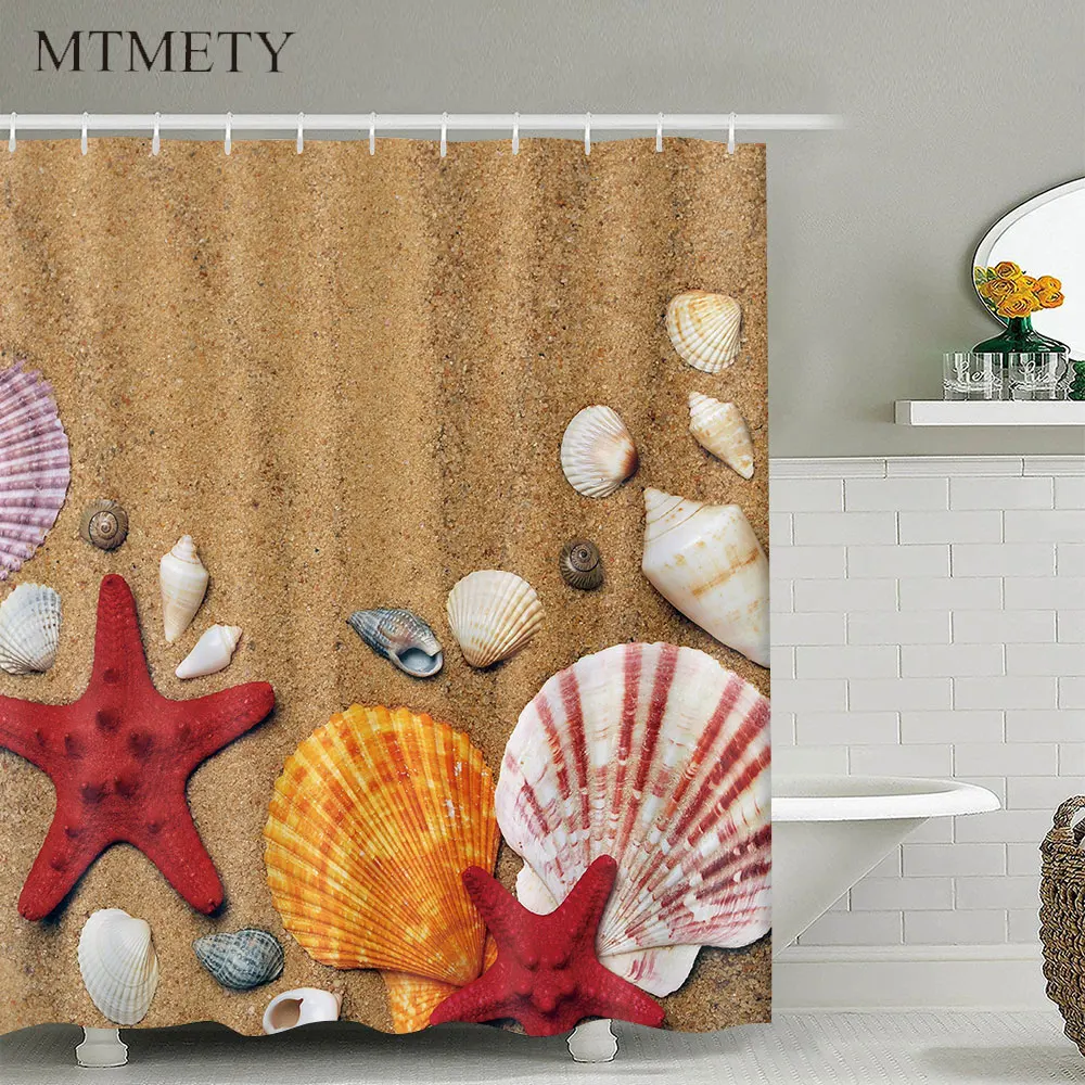 

MTMETY Waterproof Shower Curtain Beach Shell Sea Bath Curtains For Bathroom Bathtub Bathing Cover Extra Large Wide With 12pcs Ho