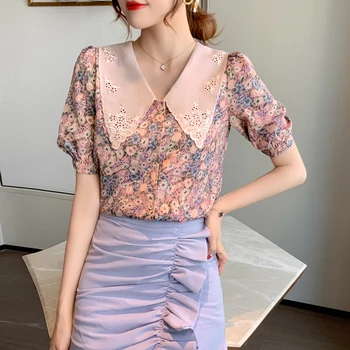 

COIGARSAM Floral Print blouse women Summer Short Sleeve Chiffon Peter pan Collar blusas womens tops and blouses Purple 1010