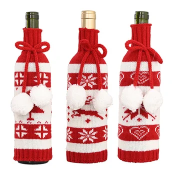 

1pc Christmas Red Wine Bottle Covers Bag Knitted Double Ball Holiday Champagne Bottle Cover Christmas Decorations For Home