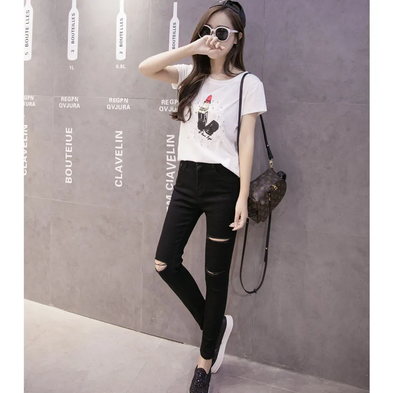 Spring And Summer New Style Korean-style with Holes Jeans WOMEN'S Cropped Pants Fashion Elasticity Slim Fit Slimming Skinny