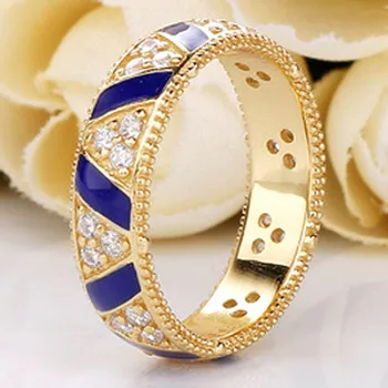 

Original Golden Shine Stones And Stripes Ring Blue Enamel For Women 925 Sterling Silver Ring Wedding Party Gift Fine Jewelry