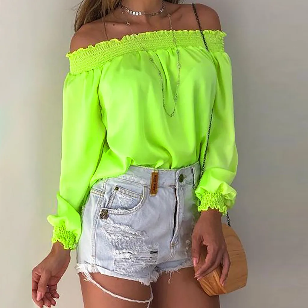Мода неоновый Топ Женская одежда 2019 с открытыми плечами длинным рукавом