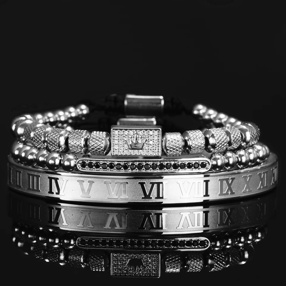 Men's Braided Bracelet Set - Stainless Steel Leopard Head Roman Numeral Hip Hop Jewelry - View #2