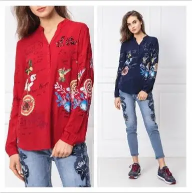 DESIGUAL Испания стильный v-образным вырезом красный и синий блузка для женщин |
