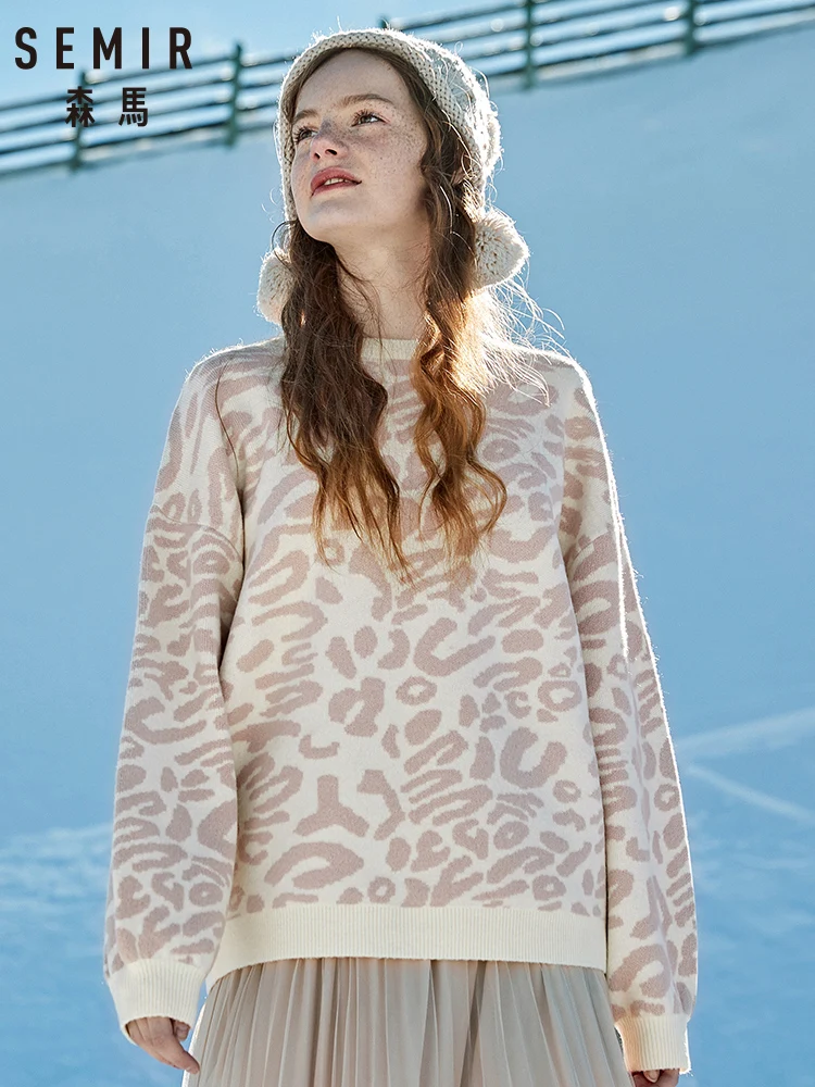 SEMIR 2019 winter new round neck drop shoulder leopard sweater women fashion loose knitted lazy wind | Женская одежда