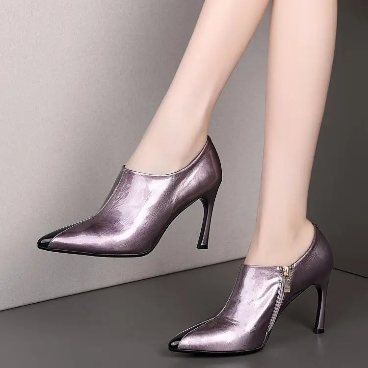 

Spring and autumn top layer cowhide high heel pointed deep side zipper women's shoes 9cm