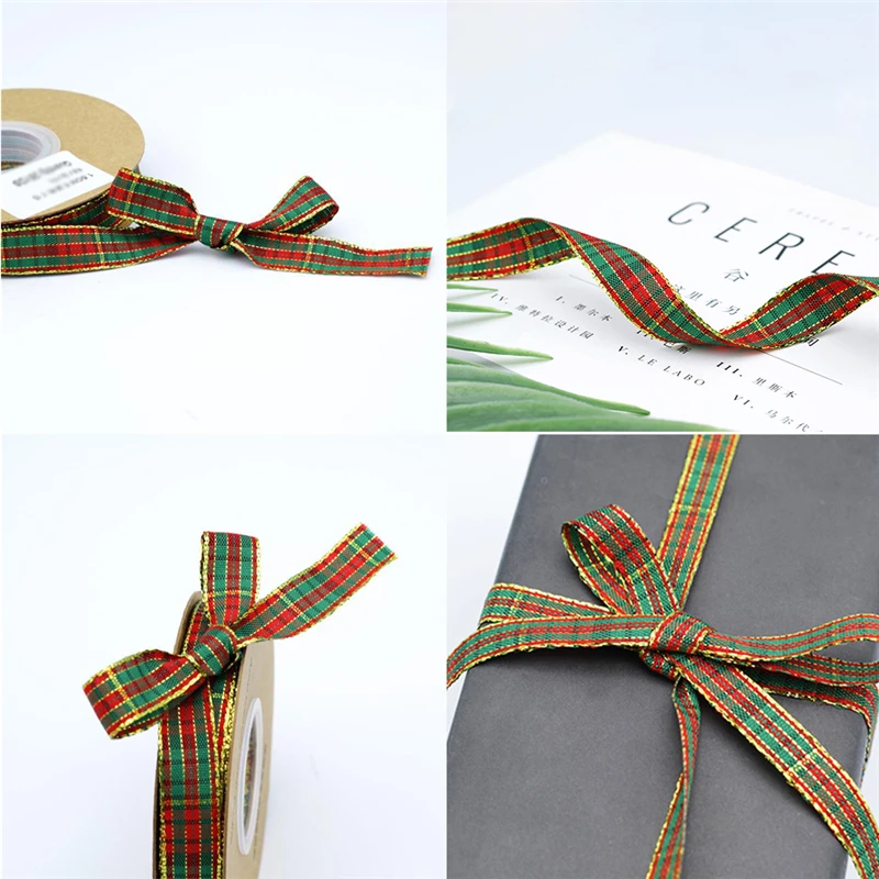 

Tartan Plaid with Gold Trim Linen Ribbons Christmas Birthday Party Wedding Handwork Gift Wrapping Decoration DIY Fabric Ribbon