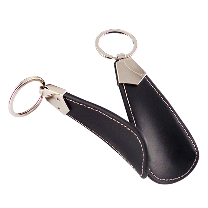 Portable Stainless Steel Shoe Horn Foldable PU Leather Handle With Keychain For Home