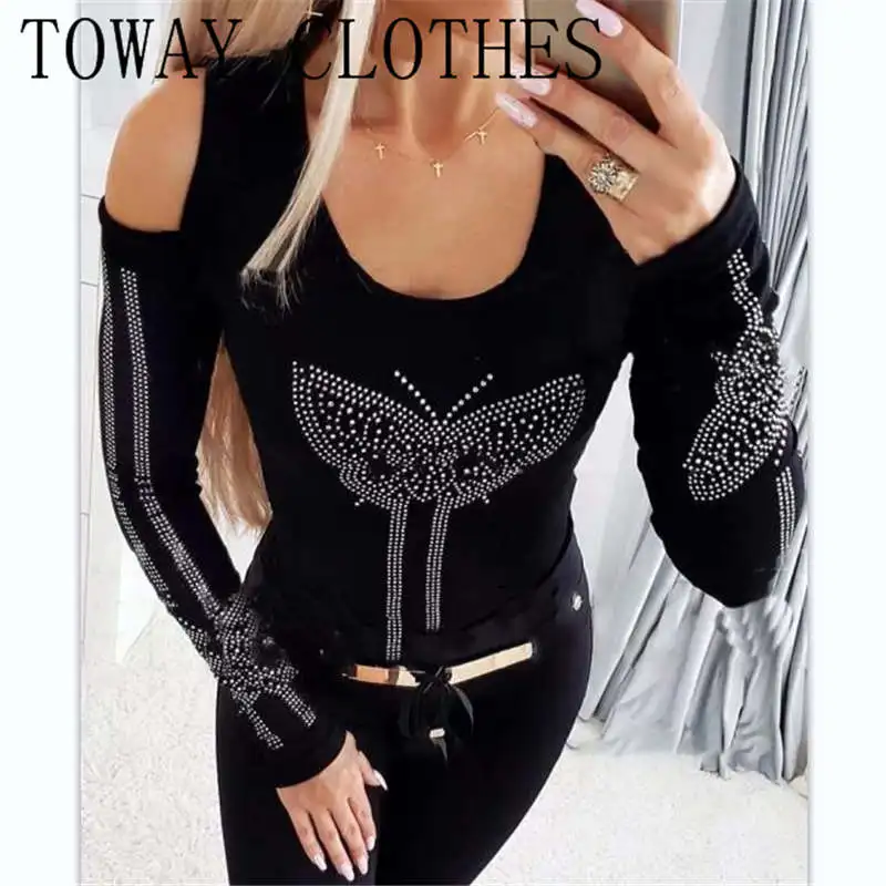 

Rhinestone Butterfly Decor Cold Shoulder Top Long Sleeve V-Neck Shirt Female Black Casual Top