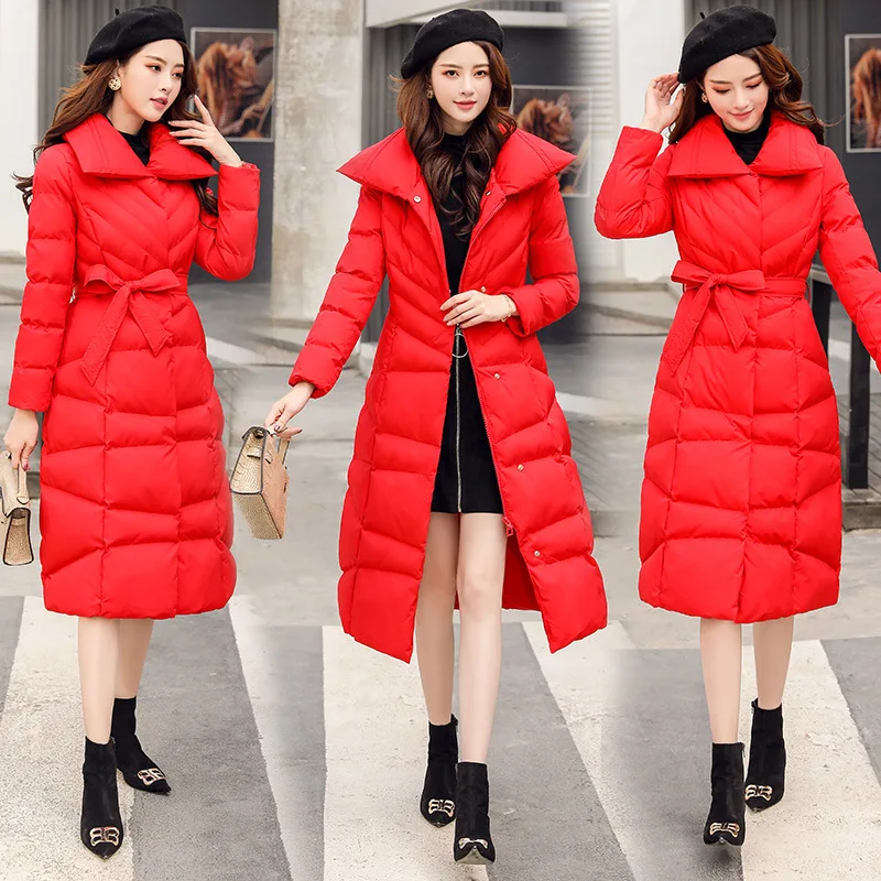 

A- line Cotton-padded Clothes Women's Mid-length 2018 New Style Winter Large Lapel Lace-up Waist Hugging Slimming Elegant Big He