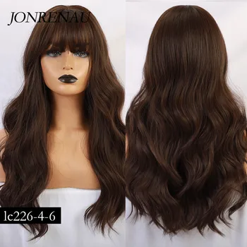 JONRENAU Long Brown Color Synthetic Natural Wave Wigs with Neat Bangs for White/Black Women Party Wear 3