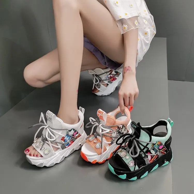 

High Heeled Sandal Female Summer 2020 Women lace up crystal Thick Bottom Shoes Wedge with Open Toe Platform Summer Women Sandals