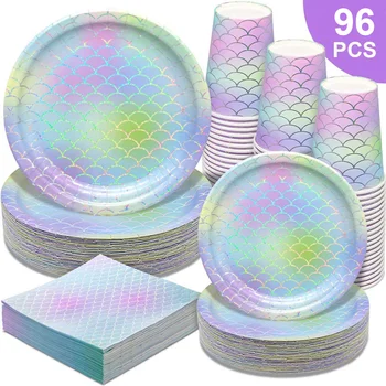 

Party Paper Plates Disposable Paper Dinnerware Cake Tray Disposable Printing 24 Set Mermaid Party Supplies Paper Tray Tableware