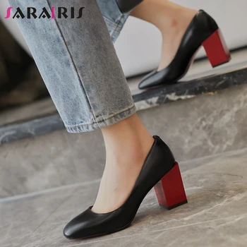 

SaraIris High Heels Shallow Pumps Women Elegant Square Toe Dress Pumps Ladies Ol Concise Genuine Leather Shoes