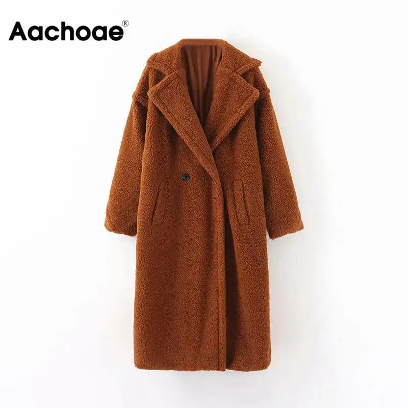 remarkable  Winter Casual Solid Teddy Coat Women Long Sleeve Fleece Long Jacket Lady Turn Down Collar Lamb Fur 