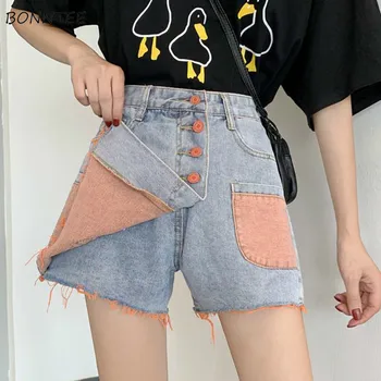 

Shorts Women Denim Patchwork Buttons Irregular High Waist Wide Leg Slim Korean Chic Novelty Vintage Students Summer Short Womens
