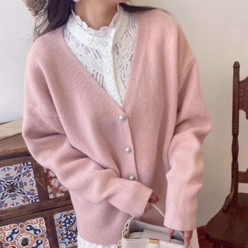 

Female Knitted Cardigans V-Neck Chic Pure Color Sweaters OL Women Elegant 2021 Autumn Full Sleeves Stylish Loose New Tops