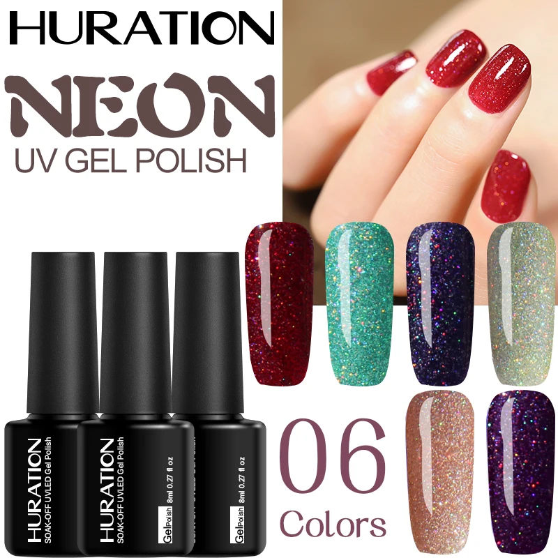 УФ-гель для ногтей Huration полуперманентные неоновые лаки с радужными звездочками