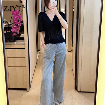 

Fashion Summer Pants Suit Two piece Set Women V Neck Hollow Black Lace Top and Jeans Matching Sets