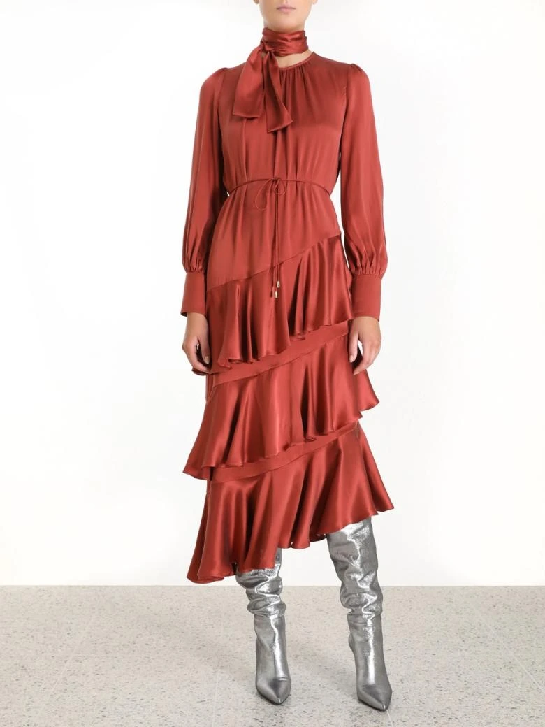 Осень подиум каскадные оборки женское Макси платье с длинным рукавом Высокая талия с бантом шнуровка нестандартные платья - Цвет: Picture Color