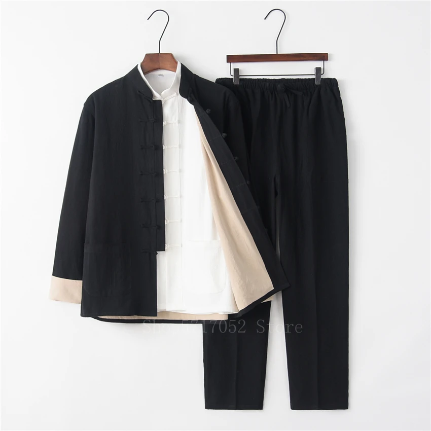 3PCS Chinese Traditional Tang Suit Male Solid Linen Kung Fu Uniform Retro Casual Plus Size Tai Chi 9Colors Clothing Set for Man