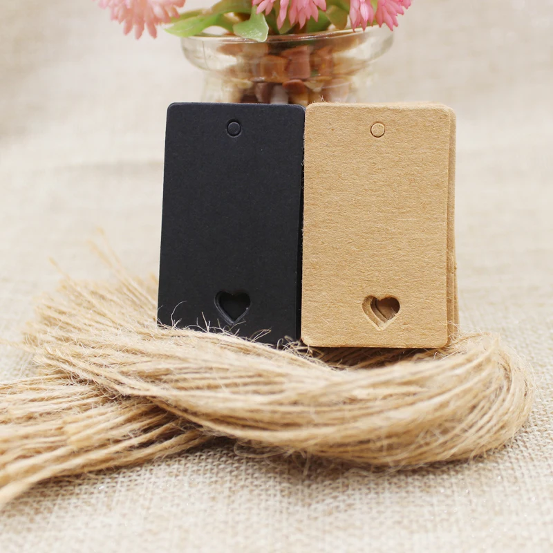 

5*3cm retangular black /Kraft Paper Blank Card Hand Draw Gift Label Tags Heart Hollow 100pcs+100 hemp string per lot