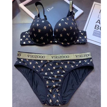 

Ladies new sexy letter print deep V bra set Comfortable milk silk on the lower side thick glossy underwear set