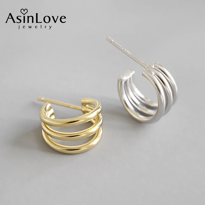 

AsinLove Simple INS Three Line Circle Small Earrings Real 925 Sterling Silver Half Round Stylish Chic Stud Earrings for Women
