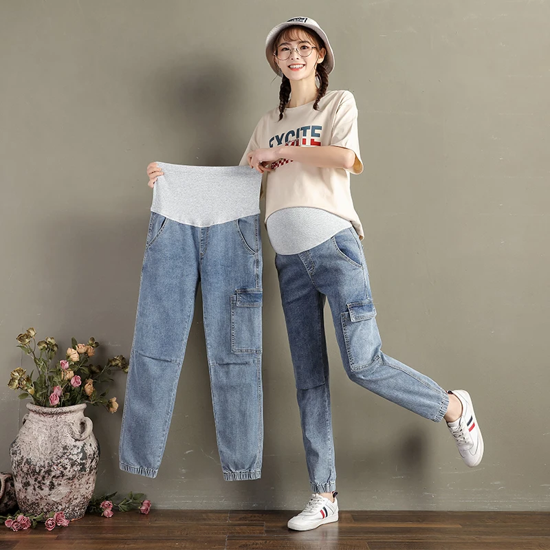 

505# 2020 Spring New Korean Fashion Maternity Jeans Stretch Denim Jogger Pants Clothes for Pregnant Women Pregnancy Trousers