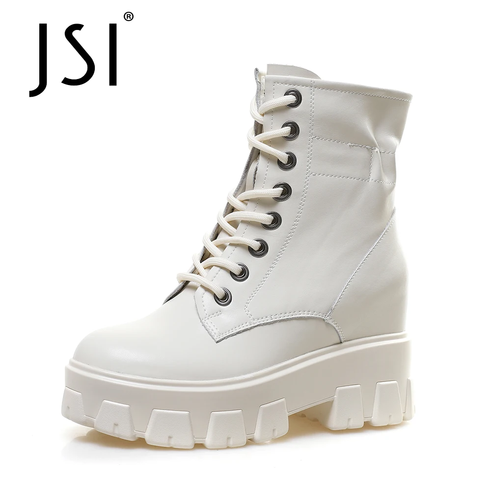 

JSI Leather Platform Mid-calf Boots Winter Round Toe Woman Cross-tied Height Increasing Chunky Heel Ladies Black Boots JO616