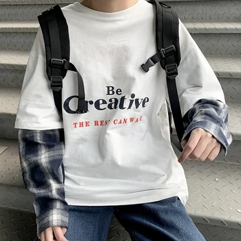 

Splice Sleeve Loose Fake two Piece Long Sleeve T-shirt Female Spring summer Student Harajuku Letter print pullover Tops Korean