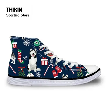

THIKIN Sport Sneakers for Children Football Boots Christmas Husky Printing Kids Shoes for Girls Boys High Top Canvas Flat Shoes
