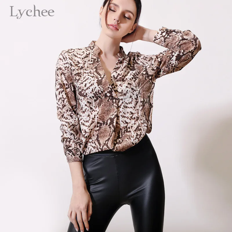 

Lychee Harajuku Leopard Women Blouse Shirts Long Sleeve V Neck Lady Blouses Loose Hit Color Women Shirts Blouse Shirts