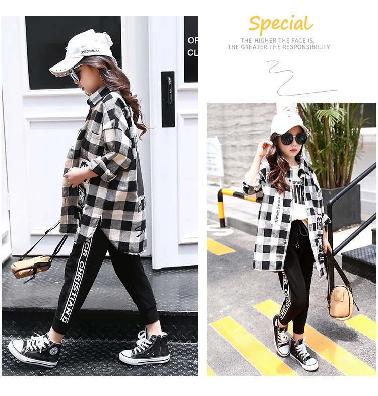 Girls Plaid Shirt New Style Autumn Korean-style Western Style CHILDREN'S Garment Long-sleeve Blouse Big Boy Autumn Clothing
