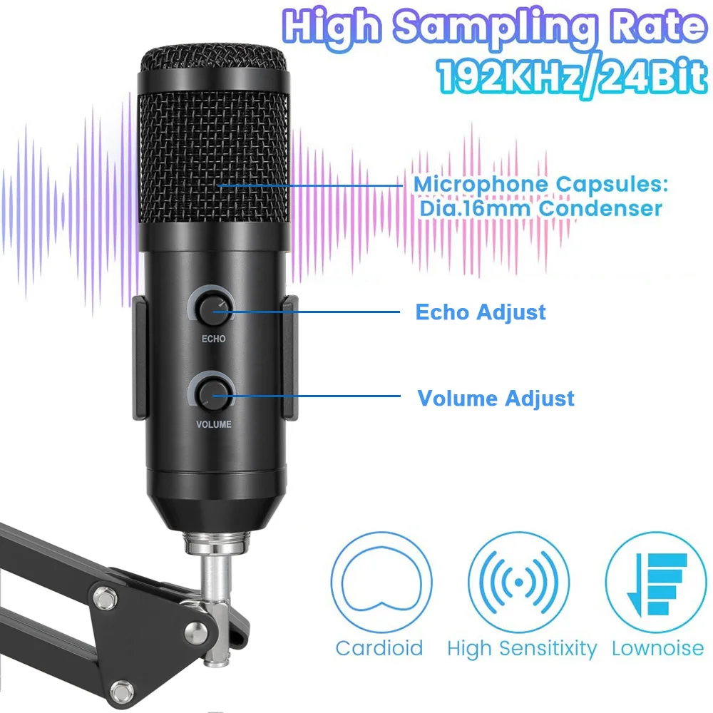 Podcast Microphone Professional 192Khz/24Bit USB Condenser Cardioid PC Mic,  Reco