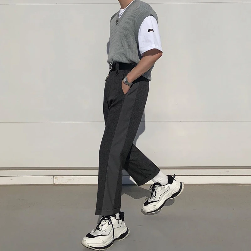 

Men Fashion Casual Suit Pant Male Splice Design Japan Vintage Streetwear Fashion Trousers
