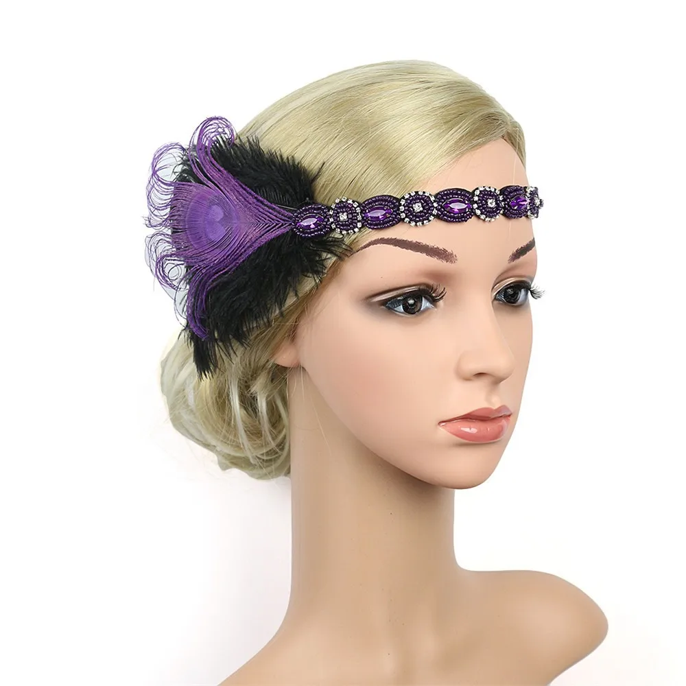 Резинки для волос аксессуары для женщин 1920s головной убор перо обруч с завязкой Great Gatsby головной убор Винтаж резинки для волос - Цвет: Фиолетовый