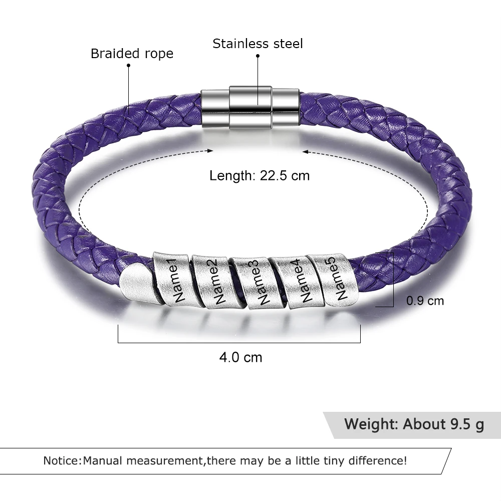 Personalized Family Names Bracelets with 5 Custom Beads Stainless Steel Purple Braided Rope Bracelets for Women Mother's Gift