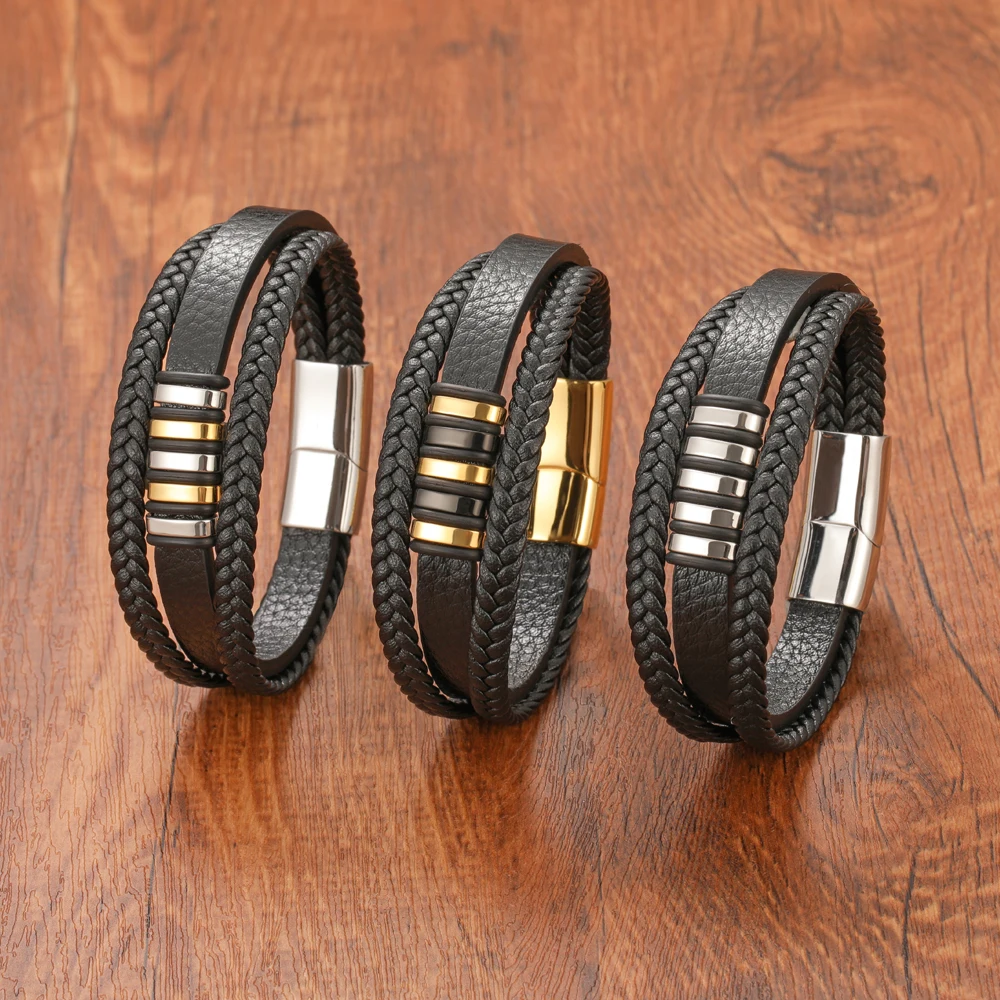 New Punk Multilayer Woven Genuine Leather Men's Bracelet Golden Black Stainless Steel Magnetic Clasp Jewelry Gift - Image 6
