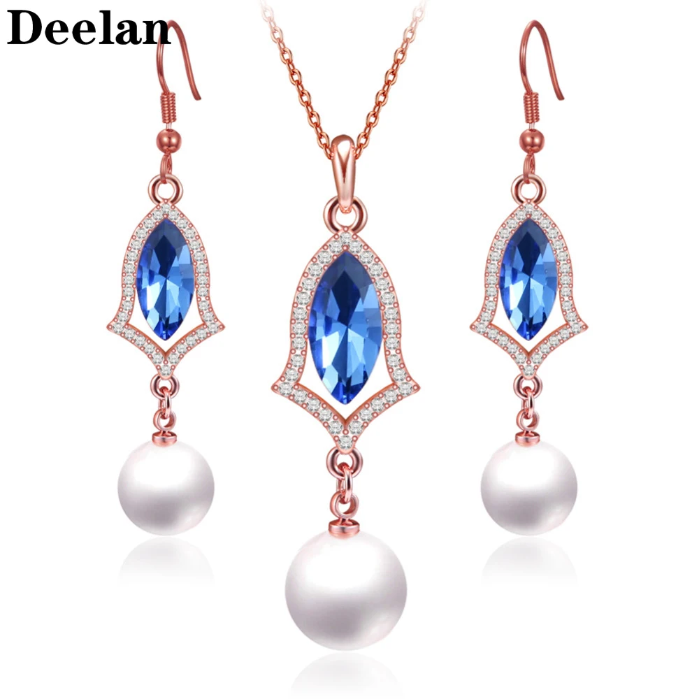

8 Color Jewelry Sets For Women Rose Gold color fashion wedding crystal Simulated-pearls Charm Penant necklace Drop earrings set